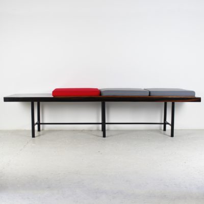 Vintage 1960s bench in Macassar and black lacquered metal, three cushions in Kvadrat fabric.