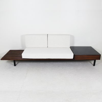 Vintage 50's box bench in mahogany, cushions in Pierre Frey ecru fabric, by Charlotte Perriand, Steph Simon edition for Cansado.
