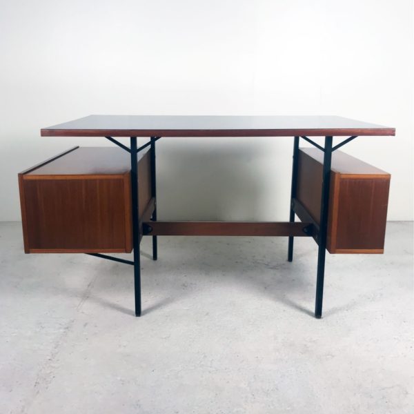 Bureau vintage 1950, en acajou, Formica noir et métal.