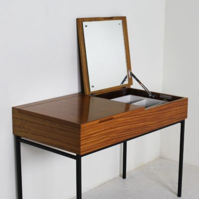Vintage 1950s dressing table in Ceylon lemon tree and black metal, by André Monpoix, edited by Meubles TV.