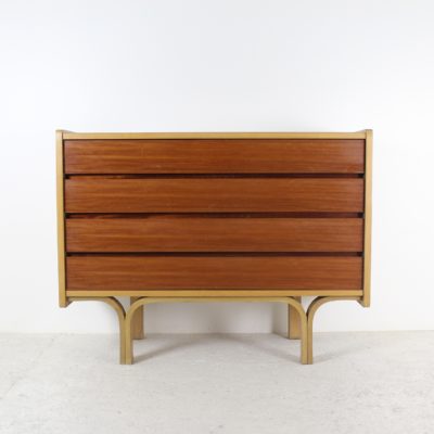 Vintage 1950s chest of drawers, ash and mahogany veneer, by Joseph André Motte, published by Charron Groupe 4.