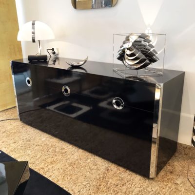 Vintage 1970s sideboard in black melamine and chromed metal, by Willy Rizzo for Mario Sabot.