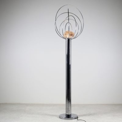 Vintage 1970 floor lamp by Angelo Brotto, edited by Esperia, in chromed metal and Murano glass.