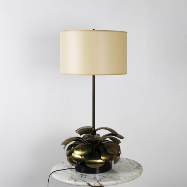 Lampe vintage 1960, en laiton et abat-jour en tissu.