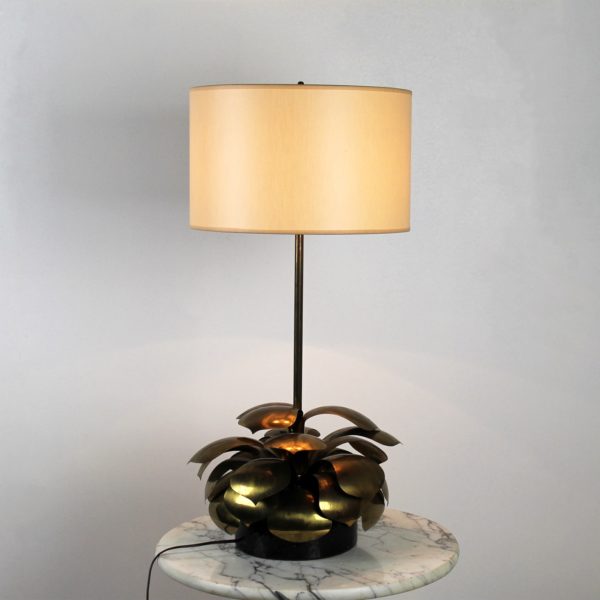 Lampe vintage 1960, en laiton et abat-jour en tissu.