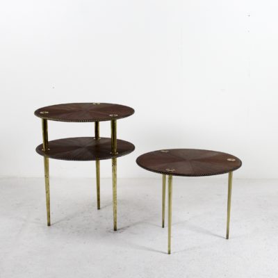 Vintage round &quot;Partroy&quot; tables in mahogany and brass, by Pierre Cruège, published by Formes in the 1950s.
