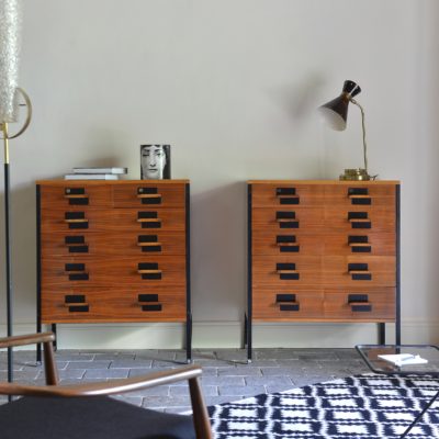 Pair of vintage chests of drawers by Ico Parisi, MIM edition, 1950s, in rosewood and black lacquered metal.
