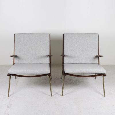Pair of vintage &quot;Boomerang&quot; armchairs, in teak, brass and grey Kvadrat fabric cushions, by Peter Hvidt, France &amp; Son edition.