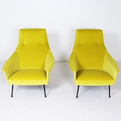 Fauteuils vintage de Guy Besnard, années 50, velours jaune de la Maison Lelievre