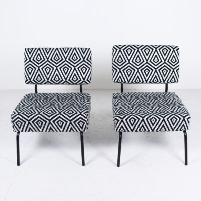Pair of vintage &quot;Mérignac&quot; armchairs by Jacques Hitier, Tubauto edition from the 50s. Black lacquered tubular metal, black and white Casamance fabric.