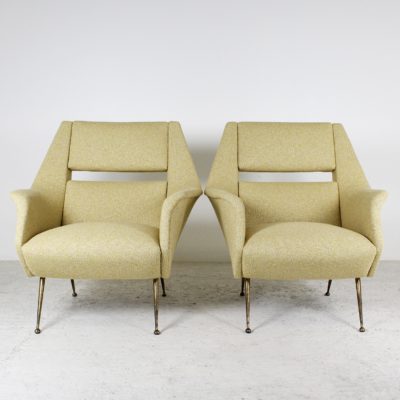 Pair of 1950s vintage armchairs by Gigi Radice for Minotti, brass legs, yellow fabric seats by Maison Lelievre.