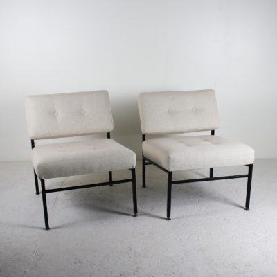 Vintage 1960's armchairs, Italian design, black lacquered metal, ivory fabric seats and backs.