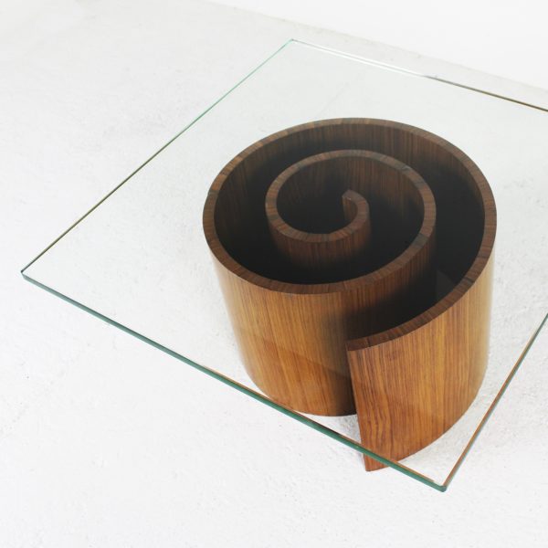Table basse vintage, modèle "spirale" années 60, en palissandre et plateau carré en verre, de Vladimir Kagan.