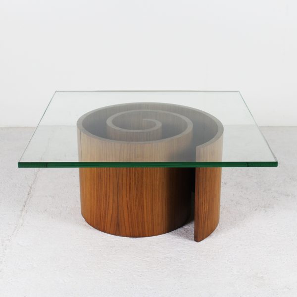 Table basse vintage, modèle "spirale" années 60, en palissandre et plateau carré en verre, de Vladimir Kagan.