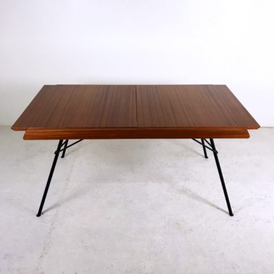 Vintage dining table in mahogany and black metal, model &quot;Ermenonville&quot;, by Gérard Guermonprez published by Magnani in the 1950s.