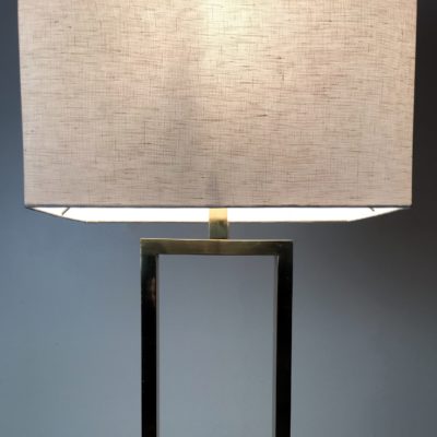 Vintage floor lamp from the 70s, travertine and brass base, fabric shade.