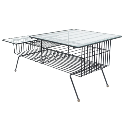 Vintage rectangular coffee table, 1950s, in black lacquered metal with glass top.