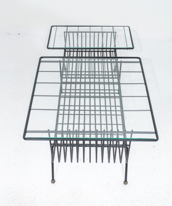Table basse rectangulaire vintage, années 50, en métal laqué noir, plateaux en verre.