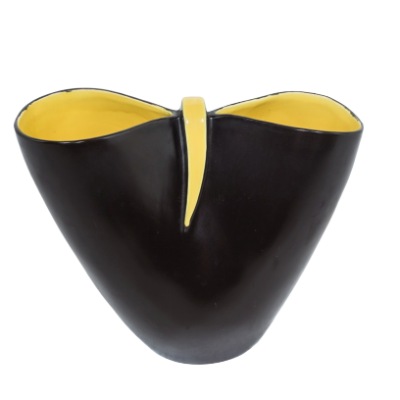 Grand vase vintage 1950, en céramique noire et jaune, signé Revernay.