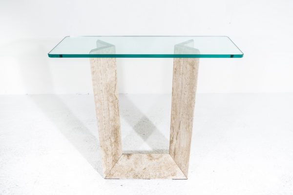 Console vintage 1970 en travertin et verre.