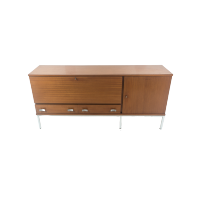 Vintage 1960&#039;s sideboard by Antoine Philippon and Jacqueline Lecoq, mahogany structure opening with two doors and drawers in front, metal handles, white lacquered metal legs.