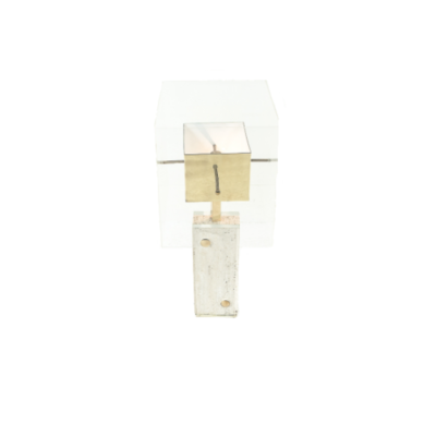Vintage lamp from the 70's, Italian work by Romeo Rega, travertine and brass base, plexiglass and brass shade.