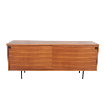 Vintage sideboard with sliding doors, designed by Alain Richard in the 1950s, published by Meubles TV, elm structure, black lacquered metal base.