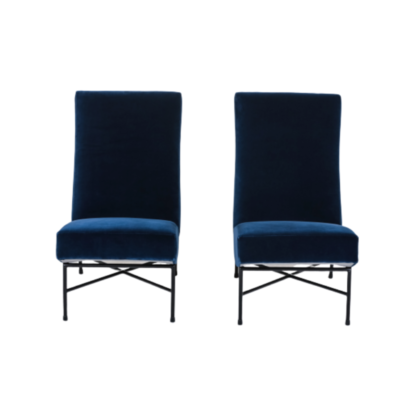 Pair of vintage armchairs from the 1950s by Geneviève Dangles and Christian Defrance, edited by Burov. Black lacquered tubular metal frame, high back seat in foam covered with blue velvet from Nobilis.