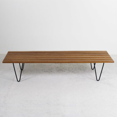 Oak slatted bench, black metal frame, French work from the 1950s