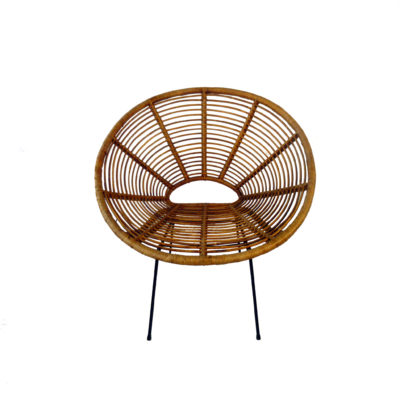 Rattan armchair circa 1950s vintage in rattan, black lacquered metal frame