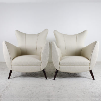 Vintage Italian armchairs, 50's, conical wooden legs, seats refurbished with fabric from Maison Lelievre.