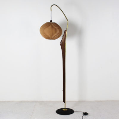 Vintage Danish floor lamp from the 60's, in teak and brass, rhodoid shade.