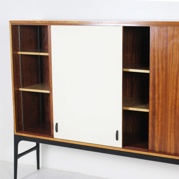Vintage piece of furniture with height, by Alfred Hendrickx, published by Belform in the fifties, mahogany structure, black lacquered wooden legs.