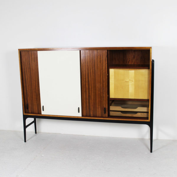 Vintage piece of furniture with height, by Alfred Hendrickx, published by Belform in the fifties, mahogany structure, black lacquered wooden legs.