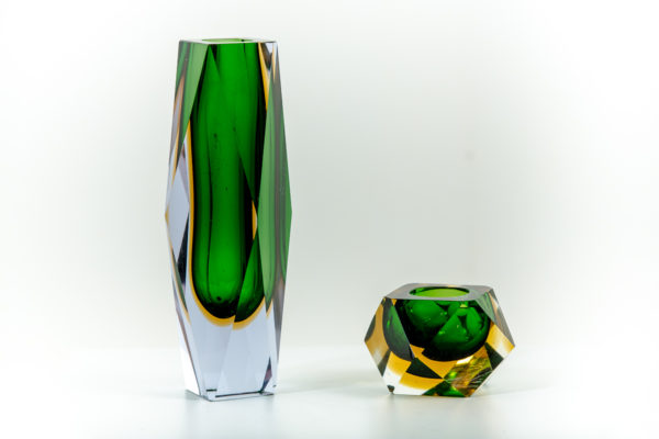 Cendrier et vase vintage en verre de Murano des années 50 attribués à Flavio Poli