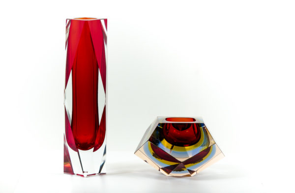 Cendrier et vase vintage en verre de Murano des années 50 attribués à Flavio Poli