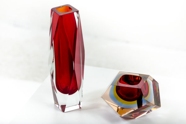 Cendrier et vase vintage en verre de Murano des années 50 attribués à Flavio Poli