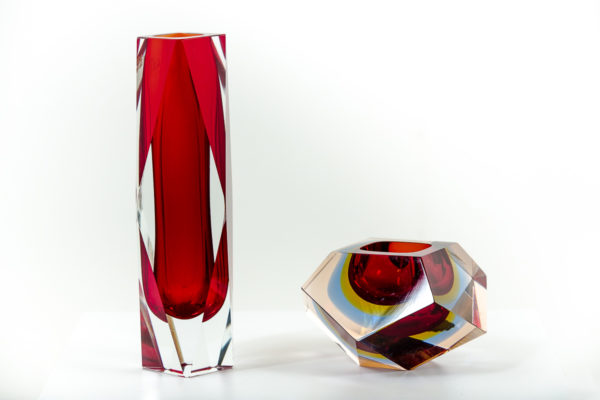 Cendrier et vase vintage en verre de Murano des années 50 attribués à Flavio Poli