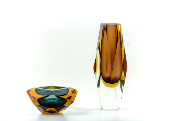 Cendrier et vase vintage en verre de Murano des années 50 attribués à Flavio Poli