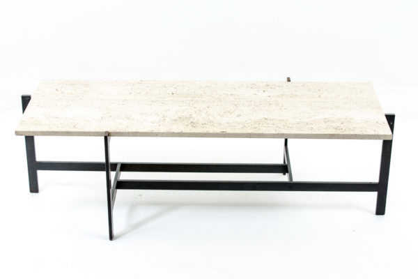 Table basse vintage rectangulaire, en métal et travertin, années 70
