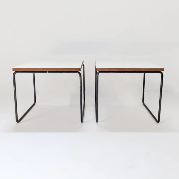 Square flying tables by Pierre Guariche, published by Steiner in the 1950s, in metal and Formica.
