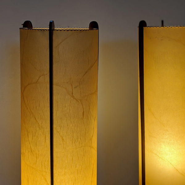 Paire de lampadaires tripodes vintage, scandinaves en teck et fibre de verre, rétro, années 60.