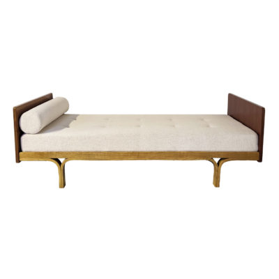 Bed by Joseph André Motte, published by Groupe 4-Charron in the 1950s, in ash, mahogany and ecru fabric