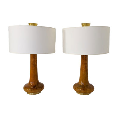 Pair of 1970s vintage oak and brass lamps