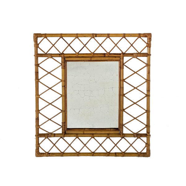Miroir carré en bambou et rotin, 1960 - Emmanuelle Vidal Galerie