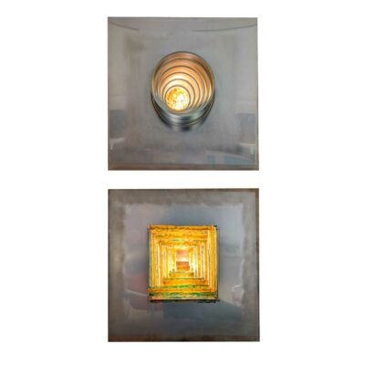 2 appliques en métal, résine et verre, par Angelo Brotto, 1970