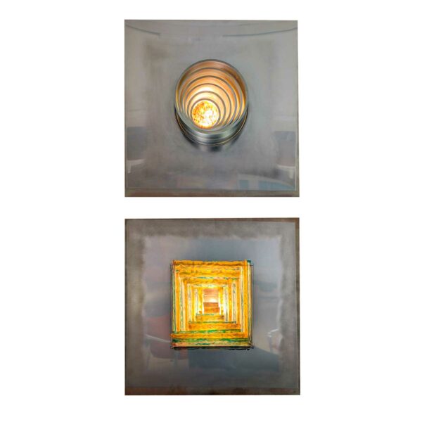 2 appliques en métal, résine et verre, par Angelo Brotto, 1970