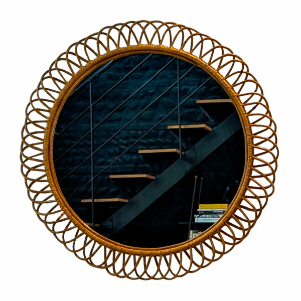 Miroir rond en rotin et bambou, travail italien contemporain