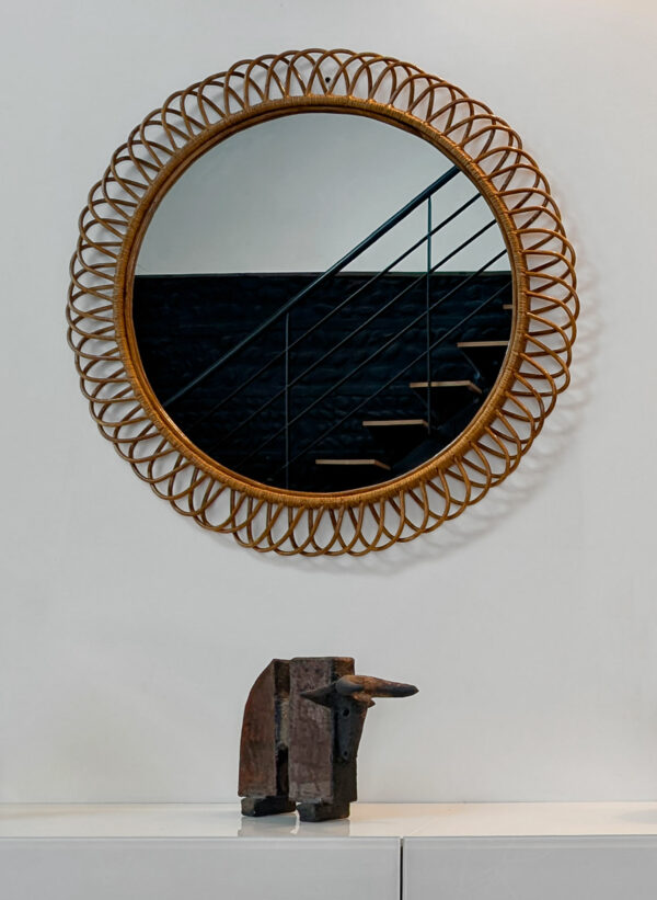 Miroir rond en rotin et bambou, travail italien contemporain – Image 2